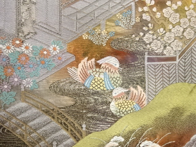  屋敷に鴛鴦・草花・橋模様織り出し袋帯